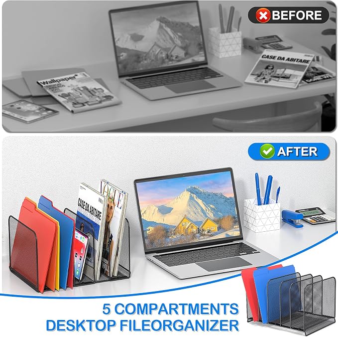 TOPCJ 5 Sections Desk File Holder/Rack/Sorter, Mesh File Organizer, File Folder - Image 2