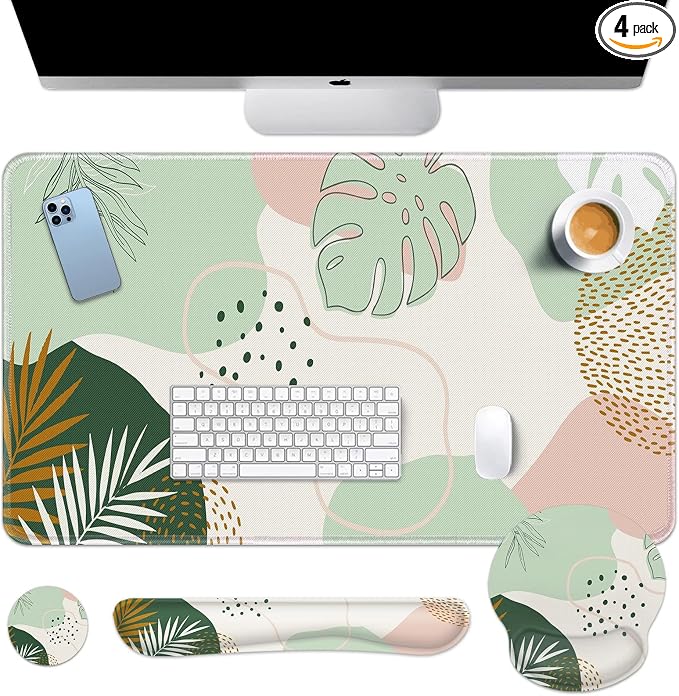 Britimes Green Boho Leaves Keyboard Mouse Pad Set 4in1 Large Mousepad+Keyboard by Britimes