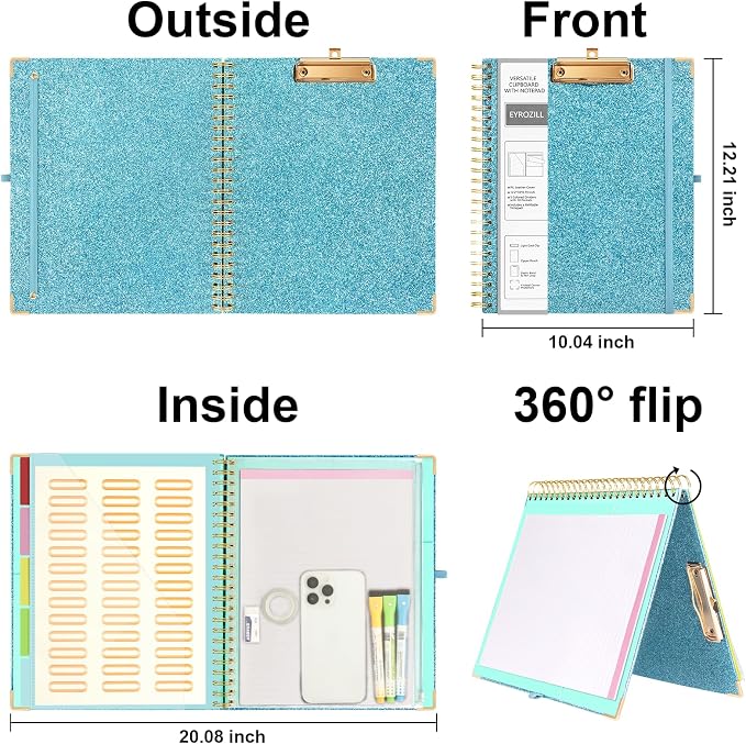 EYROZILL Clipboard Folio with Storage Pocket Refillable Lined Notepad Spiral - Image 2