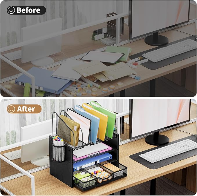 Marbrasse Desk organizer with Drawer, 4-Tier Wooden File Organizer with 5 - Image 5