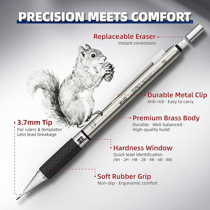 WUO 0.5mm Mechanical Pencil Set, 1 Eraser Pen, 12 Eraser Refills, Storage Case - Image 3