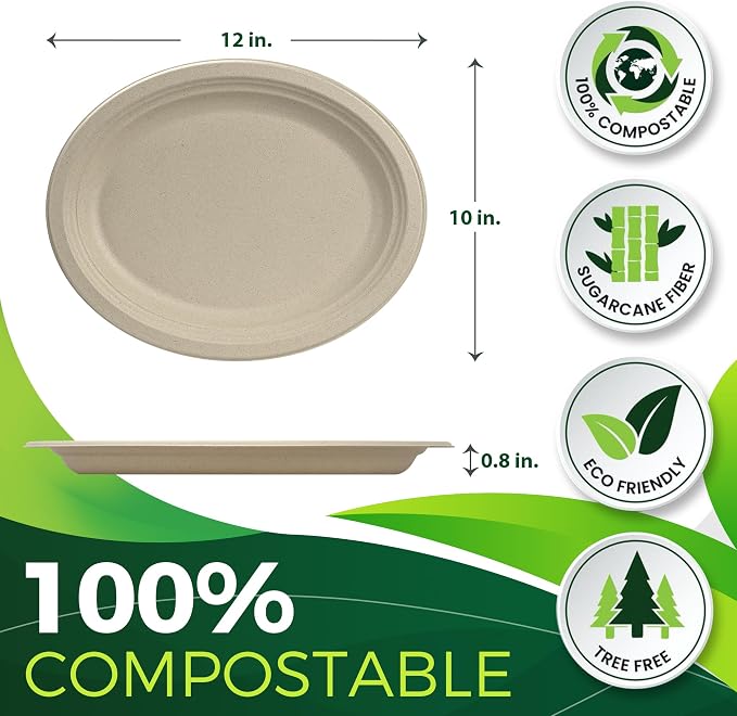 100PCS 100% Compostable Original Oval Paper Plates, Heavy Duty Disposable Plates - Image 2