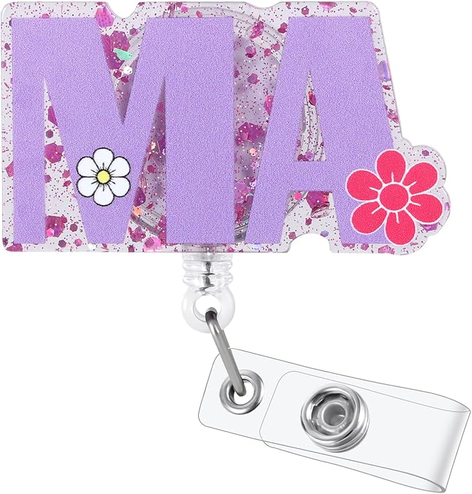 Purple Flower MA Funny Nurse Badge Reel, Cute Retractable ID Badge Holder by Unknown