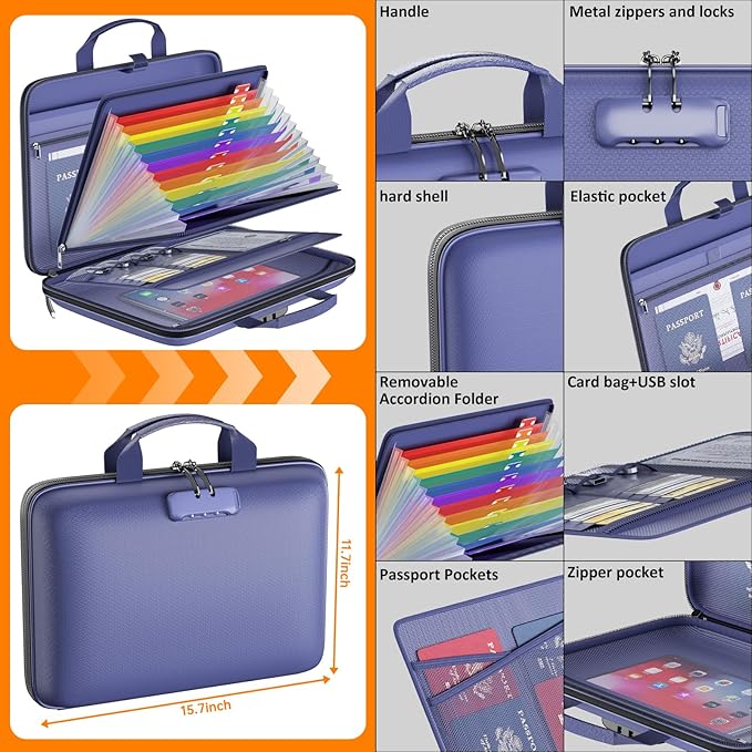 Fireproof File Organizer with Lock, Hard Case Fireproof Document Box with 13 - Image 4