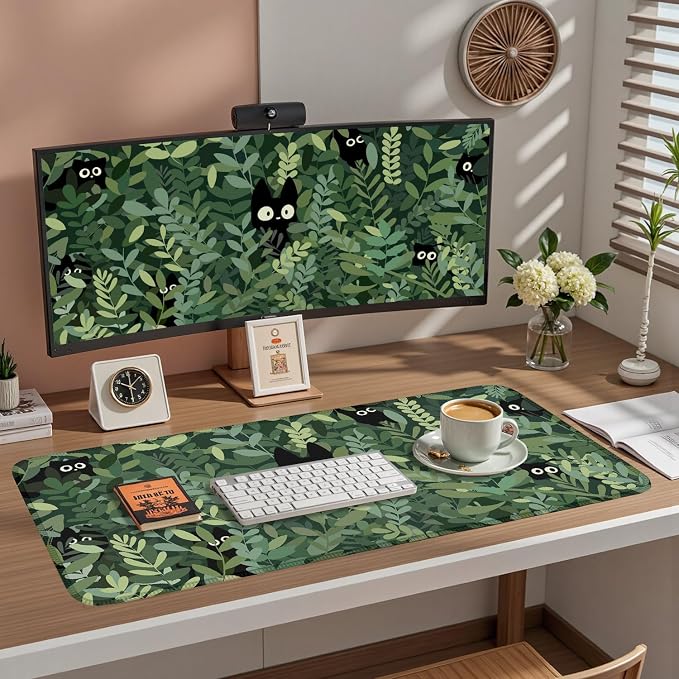 Kawaii Cat Mouse Pad Xl-31.5x15.7in-Anime Black Cat Green Plant Desk Mat - Image 4