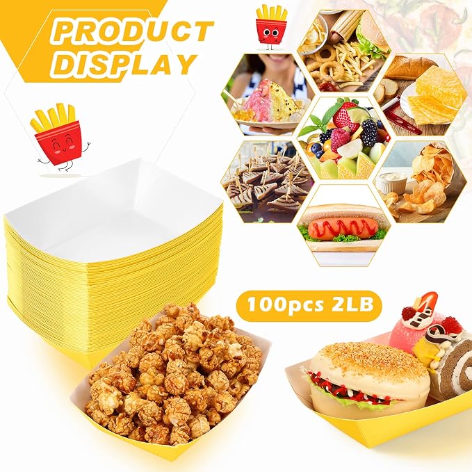 Yinkin 100 Pcs 2lb Paper Food Trays Boat 2lb Disposable Nacho Trays Kraft Paper - Image 3