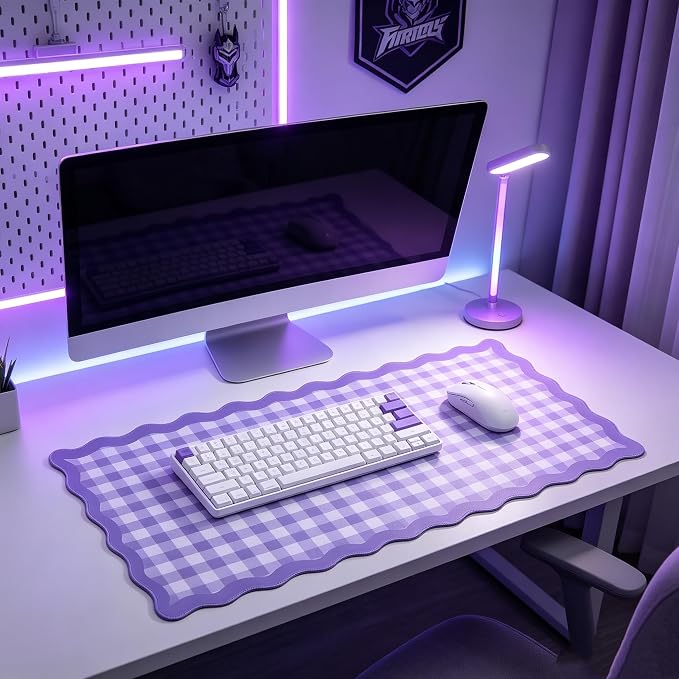 yuboo Scalloped Purple White Gingham Desk Mat, Grid Checkered Desktop Pad - Image 9