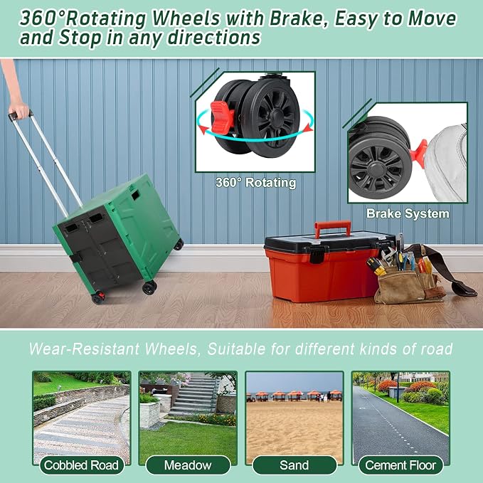 FELICON Folding Utility Cart Rolling Crate Handcart Basket-Dark Green+Black | - Image 5