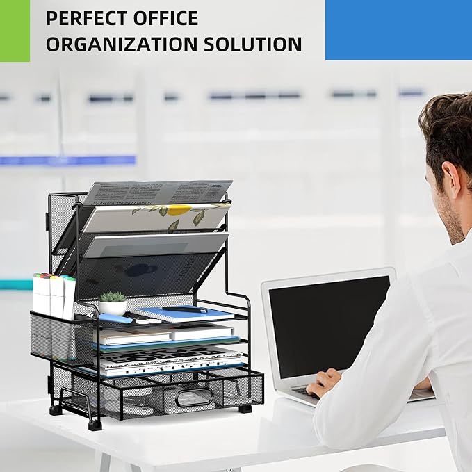 MINDEPOT 4-Tier Paper Organizer + 3-Pocket File Holder + Drawer + Pen Holders - Image 5