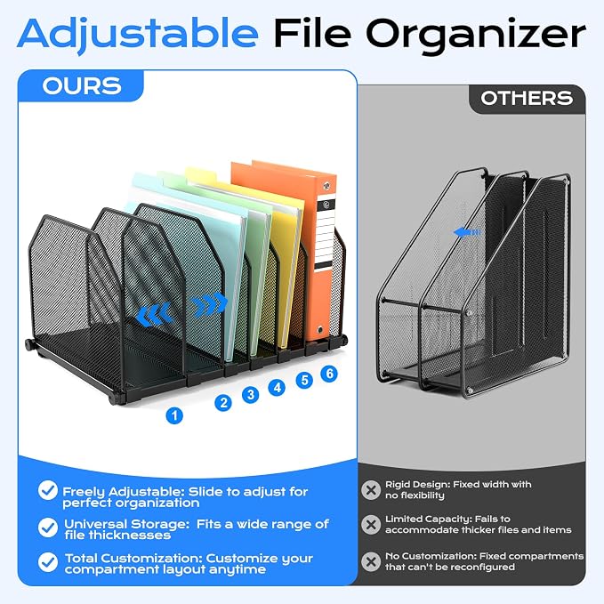 Adjustable File Organizer for Desk, 6 Sections Vertical File Folder Holders - Image 6