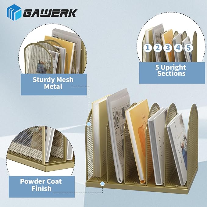 Gawerk 5-Section Vertical Desktop Organizer, 5-Section Mesh File Folder Stand - Image 3