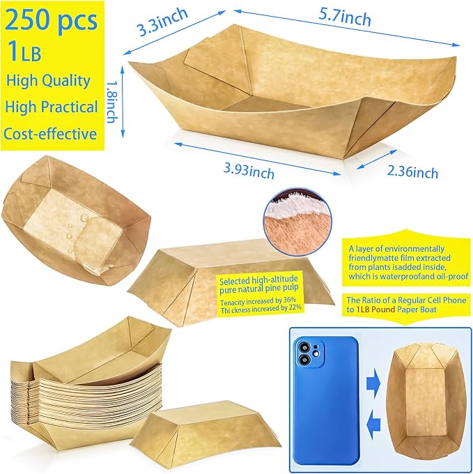250 Pack 1Lb Paper Food Boat Trays Disposable Paper Boat Plates Containers - Image 2