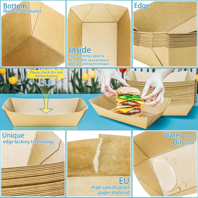 50 Pack Extra Large 5LB Paper Food Boats Trays Disposable Paper Boat, Heavy - Image 3