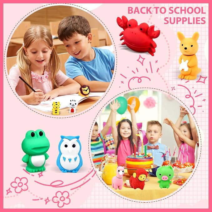 URSKYTOUS 64Pcs Animal Erasers Bulk Cute Desk Pets Kids Puzzle Erasers Take - Image 4