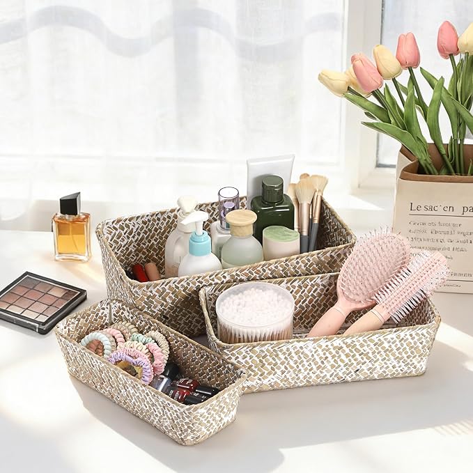 3 Natural Wicker Baskets Set Rectangular Handwoven Seagrass Basket Storage Bins - Image 7