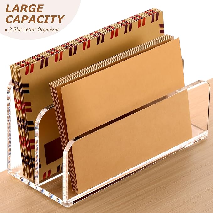 SANRUI Acrylic Mail Sorter Desktop Organizer Holder, 2 Compartments Clear Small - Image 3