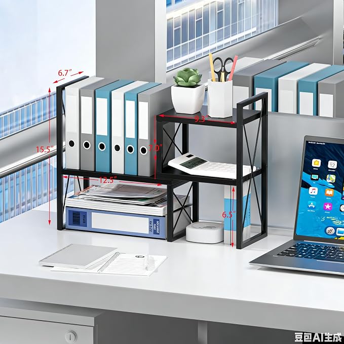 Expandable Desktop Shelf Organizer, 2 Tier Wood Desk Shelf - Image 2