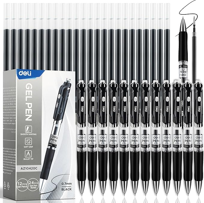 deli Gel Pens, 12 Pens with 24 Refills，Medium Point Pen 0.7mm, Smooth Writing by delioffice