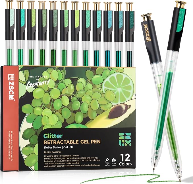 Retractable Glitter Gel Pens, 12 Colors Large Capacity Green Glitter Metallic by ZSCM