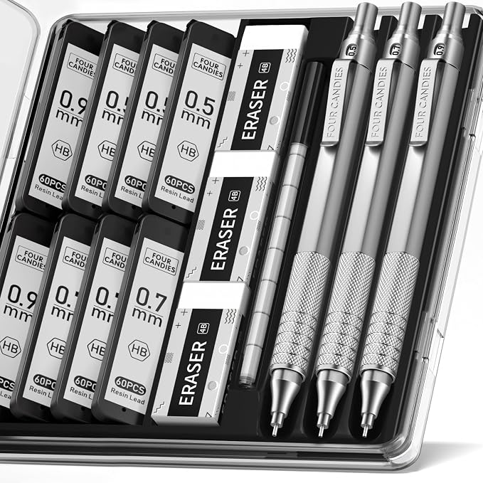 Four Candies Metal Mechanical Pencil Set, 3 Erasers, 9 Eraser Refills by FourCandies