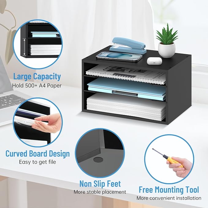 Wood Desk Organizer, 3 Tier Paper Tray Organizer - Image 4