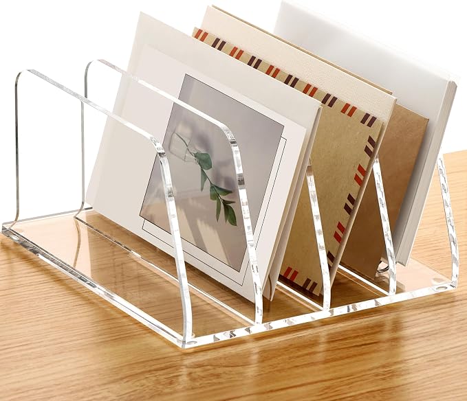 SANRUI Acrylic Mail Sorter Desktop Organizer, 4 Compartments Clear Small File by SANRUI