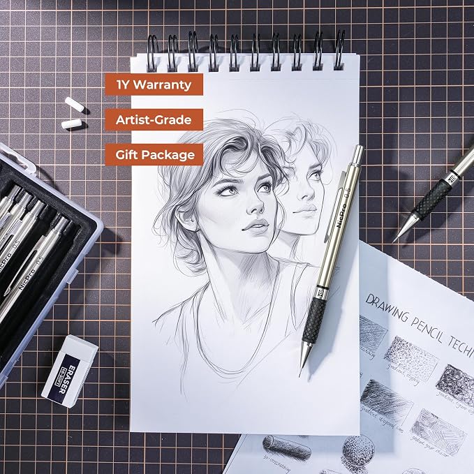 Nicpro 0.5 mm Art Mechanical Pencils Set in Case, 3 Erasers - Image 6