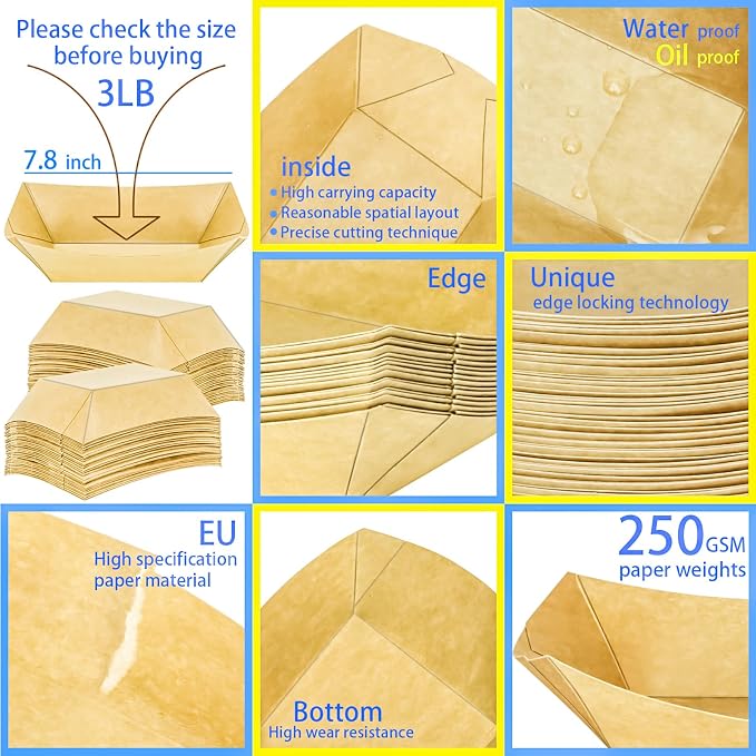 50 Pack 3Lb Paper Food Boat Trays Disposable Paper Boat Plate, Heavy Duty Large - Image 3