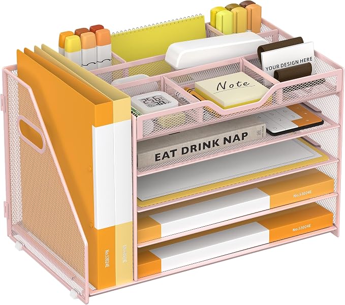 5 Tier Paper Letter Tray with File Holder and 3 Drop-in Pen Holders, Mesh Desk by OrgMate