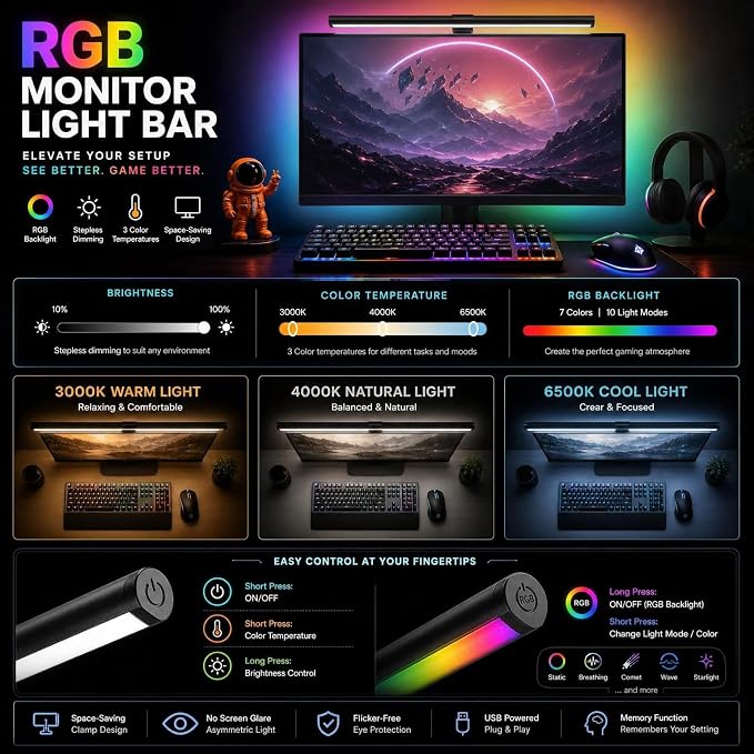 Lpraer Monitor Light Bar, Touch Control USB Reading Desk Lamp - Image 5