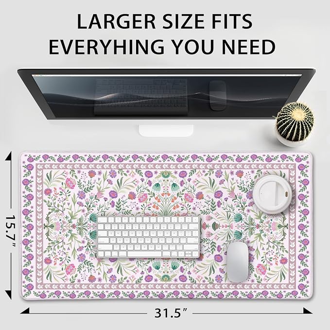 Purple Floral Desk Mat, 31.5"x15.7" Large Mouse Pad, Anti-Slip Rubber Base - Image 9