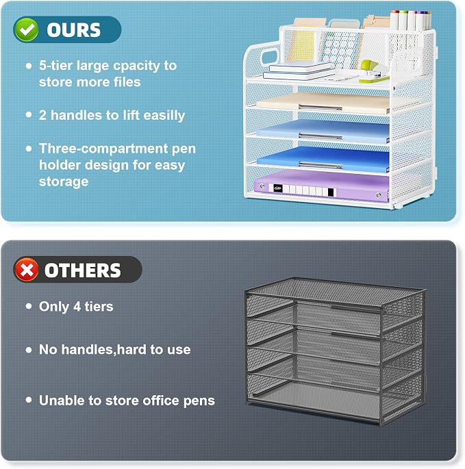 Marbrasse 5 Tier Paper Organizer Letter Tray, Mesh Desk File Organizer - Image 3