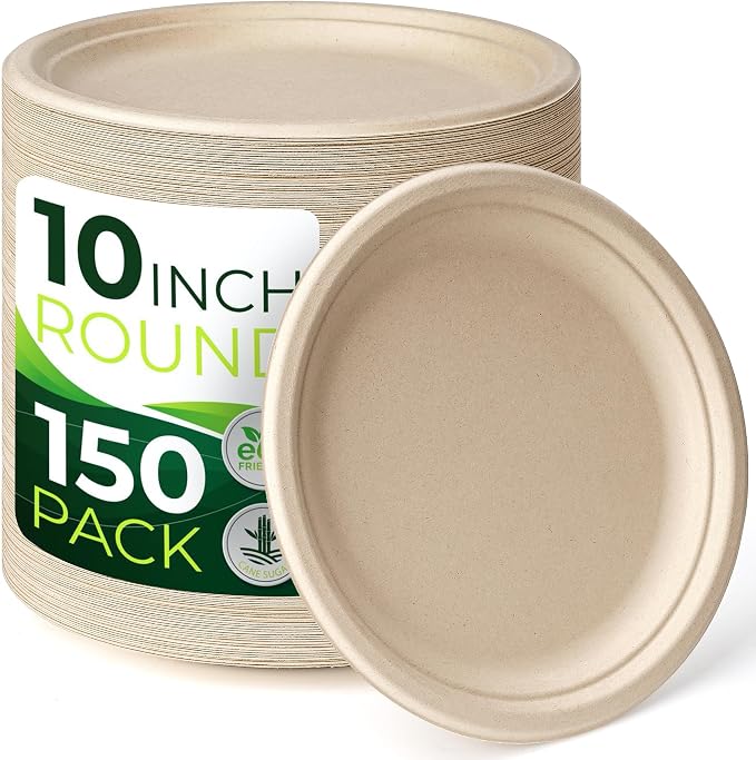 150PCS 100% Compostable Brown Paper Plate, Heavy Duty Disposable Plates by Birchio