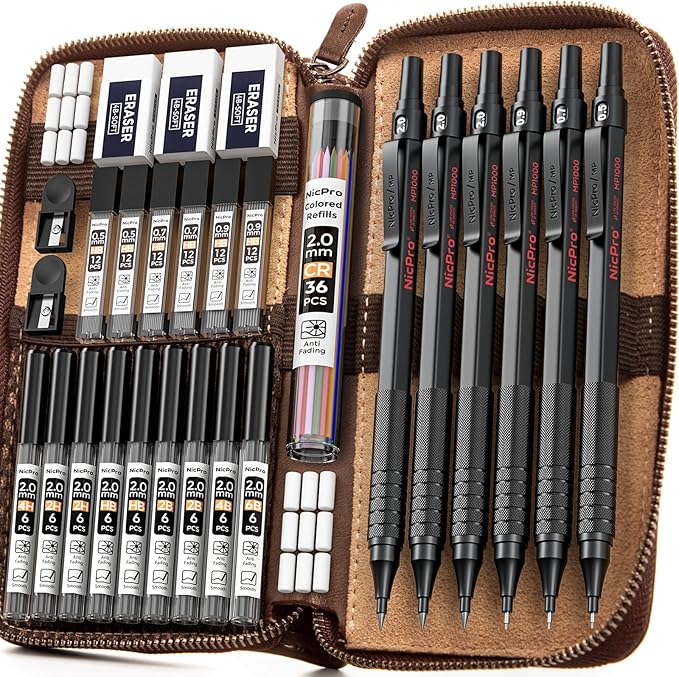 Nicpro 30PCS Black Metal Mechanical Pencil Set in Leather Case, Art Drafting by Nicpro
