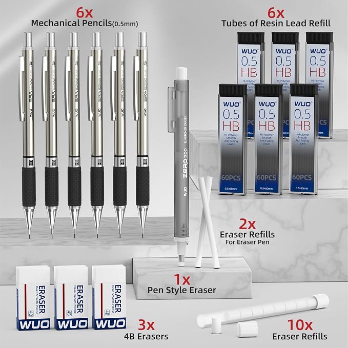 WUO 0.5mm Mechanical Pencil Set in Storage Case, 1 Eraser Pen, 12 Eraser Refills - Image 8