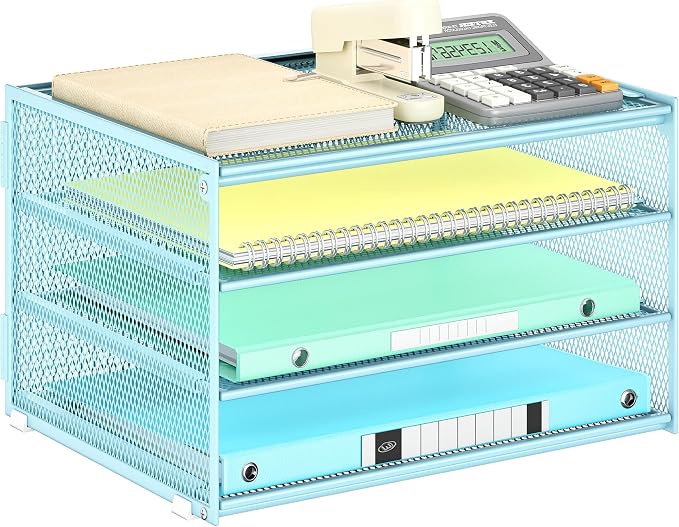 Lavatino 3-Tier Letter Tray Desk Paper Organizer – Blue Mesh Metal File Tray by Lavatino