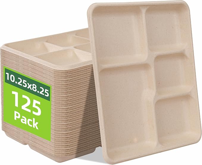 WELLIFE 125 Pack Kids Small 5-Compartment Paper Plates, 10.25x8.25 Inch 100% by WELLIFE