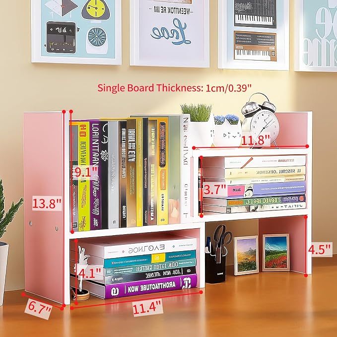 Desktop Shelf Organizer, Adjustable Wood Office Storage Rack, Counter Display - Image 2