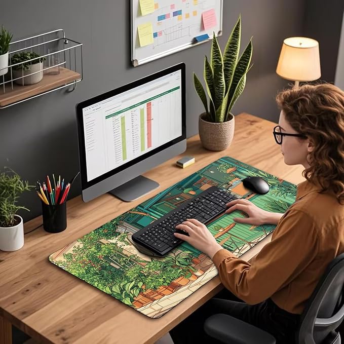 Japanese Coffee Shop Large Gaming Mouse Pad 31.5"x15.7"｜ Green Plant XXL Desk - Image 2