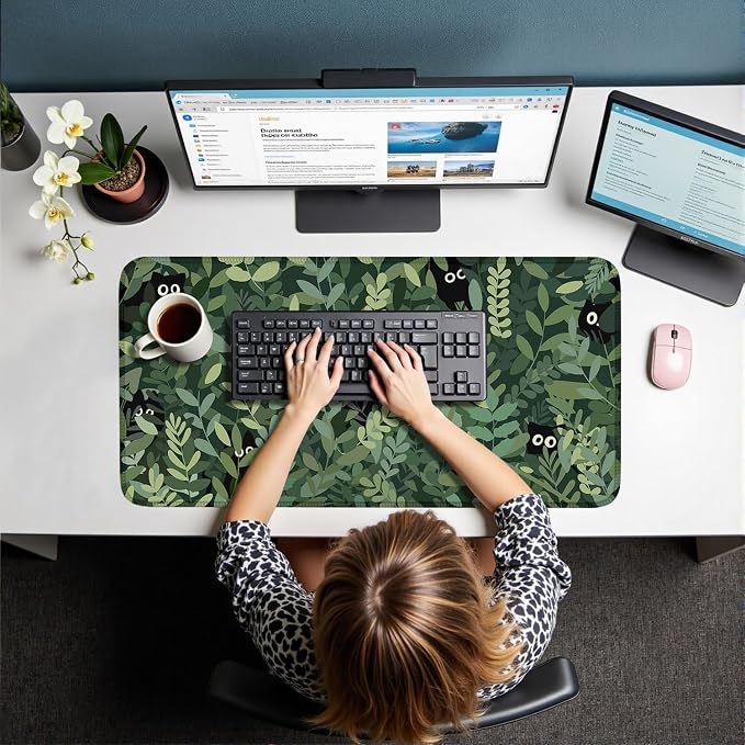 Kawaii Cat Mouse Pad Xl-31.5x15.7in-Anime Black Cat Green Plant Desk Mat - Image 5