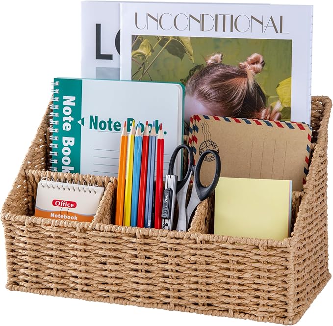 DINGTAI Rattan Desk Organizer, Tabletop Mail Holder, 5 Slot Mail Organizer by DINGTAI