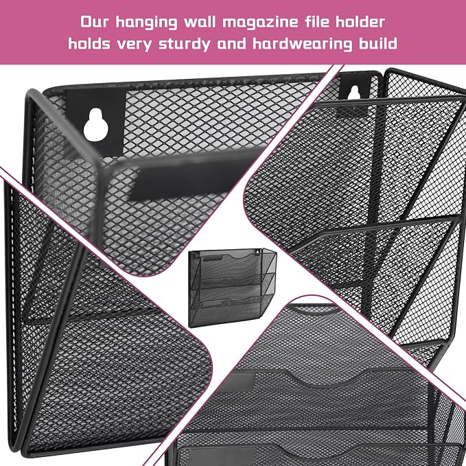 3 Pockets Mesh Wall File Holder Organizer Office Hanging File Folder Magazine - Image 3