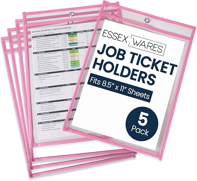 Essex Wares - 5 Pack, Job Ticket Holders, Reusable & Easy Erase Plastic Invoice by EssexWares