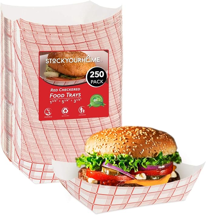 Large Paper Food Boats – 3 lb Disposable Red & White Checkered Paper Trays by StockYourHome