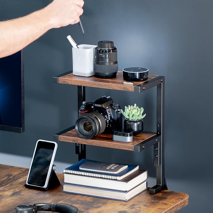 VIVO Vintage Brown Clamp-on 13 inch 2-Tier Desk Shelf, STAND-SHELF2C-N | Above - Image 8
