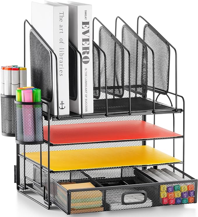 Marbrasse Desk organizer with Drawer, 4-Tier Mesh File Organizer with 5 by Marbrasse