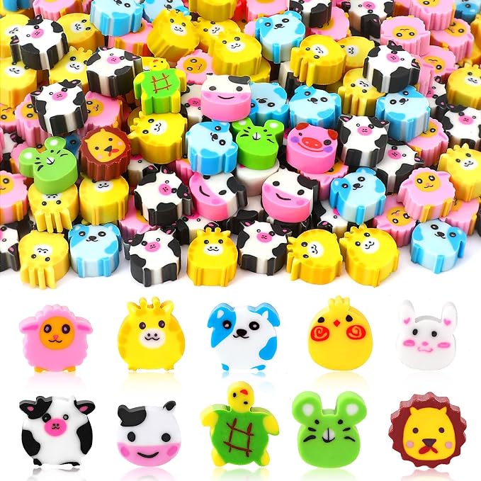 JUNEBRUSHS 150 Pieces Mini Animal Erasers by JUNEBRUSHS