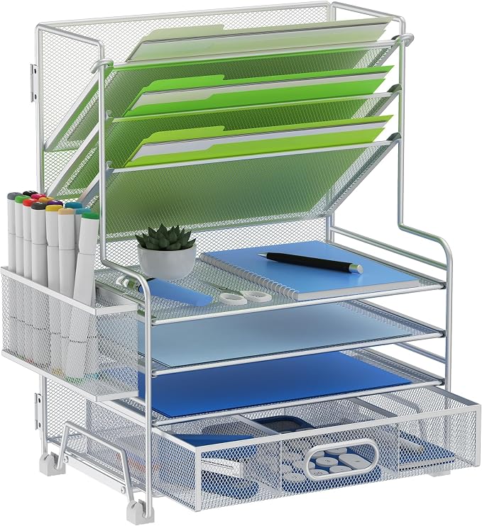 MINDEPOT 4-Tier Paper Organizer + 3-Pocket File Holder + Drawer + Pen Holders by MINDEPOT