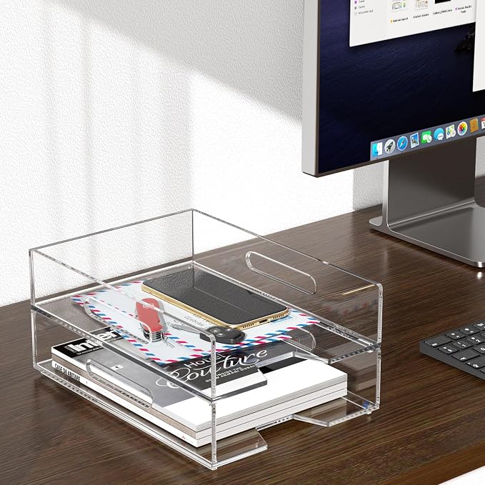 HIIMIEI Paper Organizer for Desk, Acrylic Paper Tray, Office 2 Tiers - Image 3