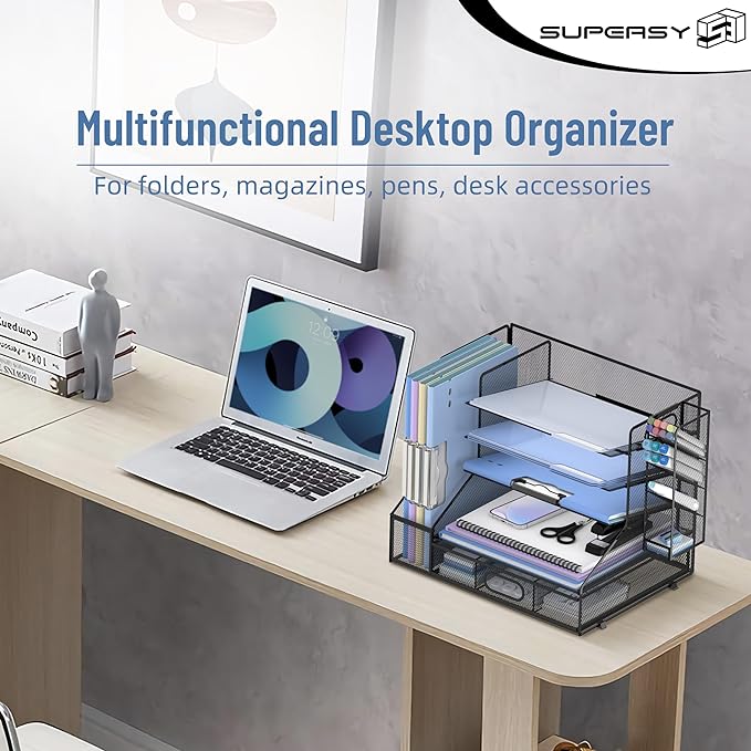 SUPEASY Desk Organizer with File Holder, 5-Tier Mesh Paper Letter Tray and 3 - Image 4